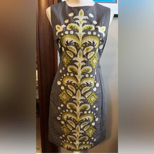Anthropologie Tabitha Embroidered Sheath Dress Grey/Green/White 4